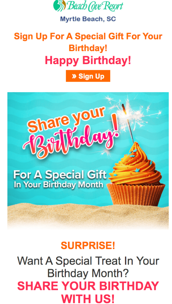 Beach Cove Resort birthday email